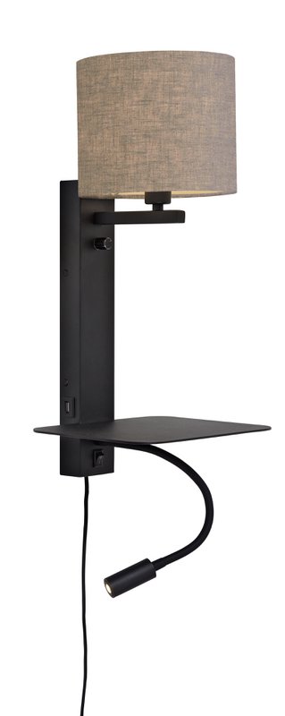 Wandlamp Florence planke+usb+leeslamp/kap 1815 d.linnen