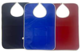  Pack of 3 waterproof adult bibs in navy blue, royal blue, and burgundy red colors.
