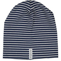 Navy blue and beige striped kids beanie, soft knit fabric, casual style for babies and children.