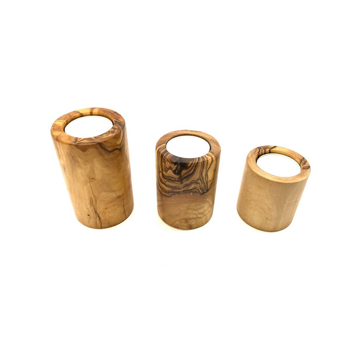 Juego de 3 portavelas de madera de olivo