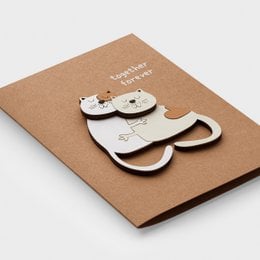 3D wooden love card with couple cats, romantic greeting, natural kraft paper, wooden cat shapes, romantic gift