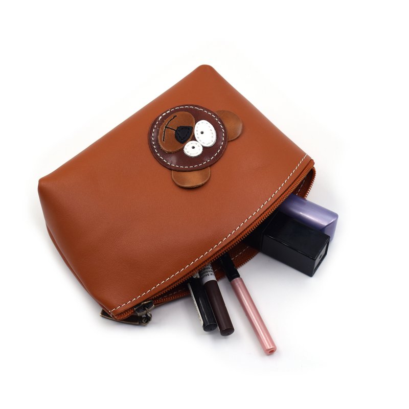 Handmade Full Grain Leather Makeup Bag With Cute Bear