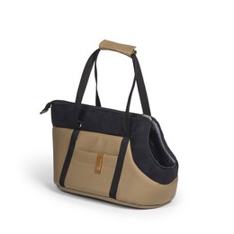 Caramel-colored pet carrier bag with black accents, available in small, medium, and large sizes. Made of durable materials for transporting pets comfortably.