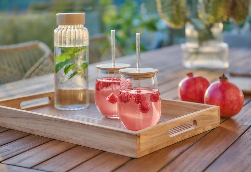 Drinking glass with bamboo lid and glass straw 500ml FSC 100%