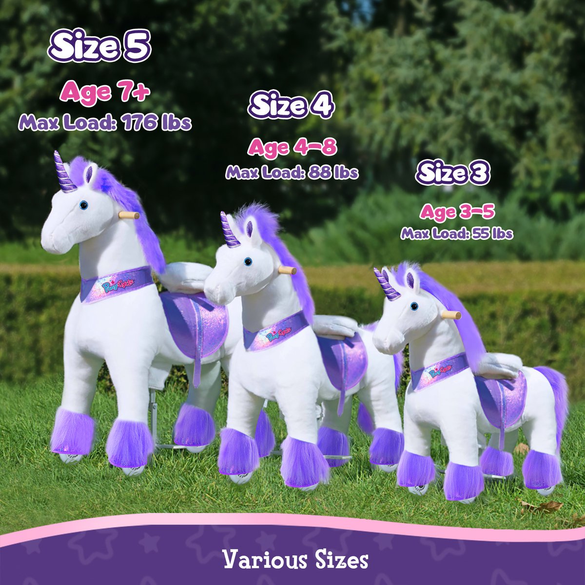 PonyCycle Official Classic Ride on Toys Modèle U Licorne blanche, rose et violette - avec frein et son
