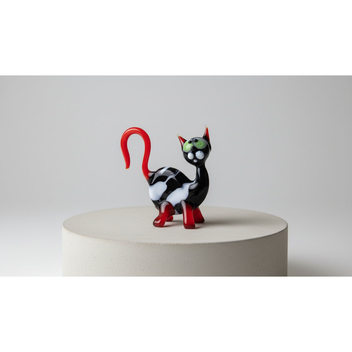 Glass cat - Black/Red/White - height 10 cm - Handmade