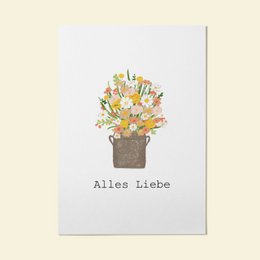  A colorful bouquet of flowers with the text "Alles Liebe" (All Love) on a white greeting card.