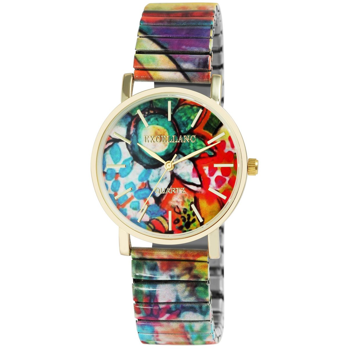 Excellanc Damenuhr mit Zugarmband, bunt/goldfarben