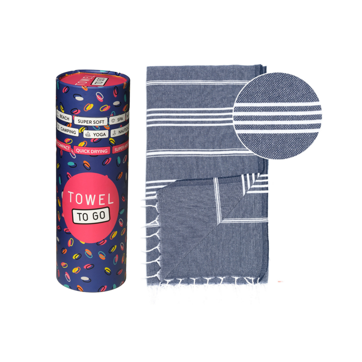 HANDDOEK TO GO IPANEMA Katoenen strandlaken 180x100 cm | Lichtgewicht sneldrogend | Donkerblauw | met geschenkdoos