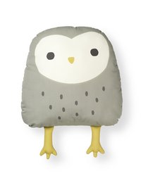 Soft, plush owl-shaped decorative pillow in gray and white colors with yellow feet.