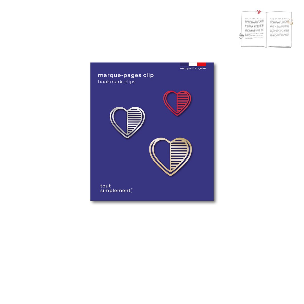 set van 3 metalen clip boekenleggers - hart (rood-mat-goud)