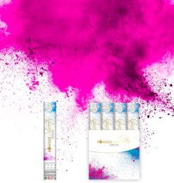 A pink and blue gender reveal powder shooter. The product is designed for gender reveal parties, with a pink powder that can be shot out of the tube.