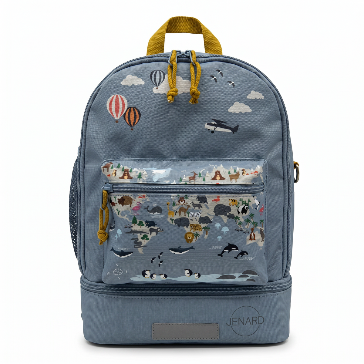 Jenard® kinderrugzak - lichtgewicht rugzak voor kleuterschool, school, sport & uitstapjes | met drinkflessenvak, reflectoren | Blauw/wereldkaart met dieren