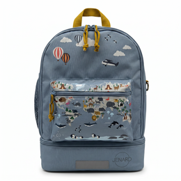 Blue children's backpack with world map and animal print design, featuring a drinking bottle compartment and reflectors for safety.