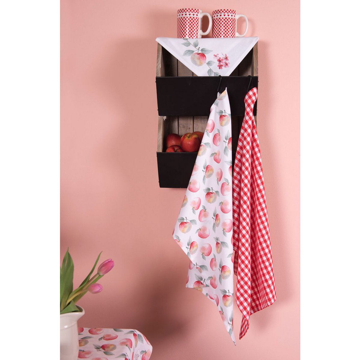 Theedoek 50x70 cm Rood Wit Katoen Appel Keukenhanddoek