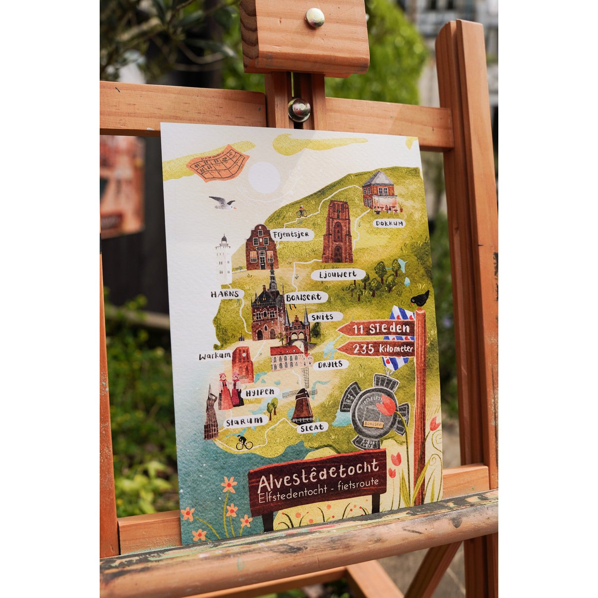 „Cycling Eleven Cities Route“ – A5-Illustrationsdruck | Kunstdruck auf 300 g/m² Tintoretto Gesso | Elf Städte festgelegt
