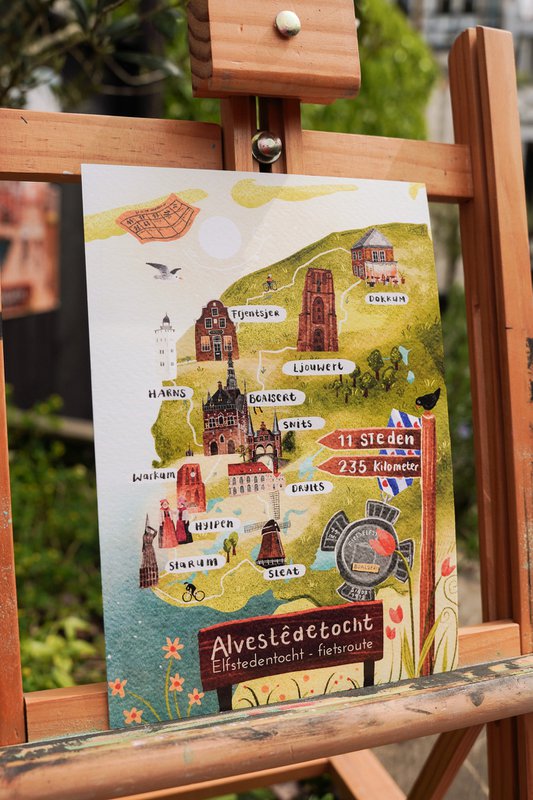 „Cycling Eleven Cities Route“ – A5-Illustrationsdruck | Kunstdruck auf 300 g/m² Tintoretto Gesso | Elf Städte festgelegt