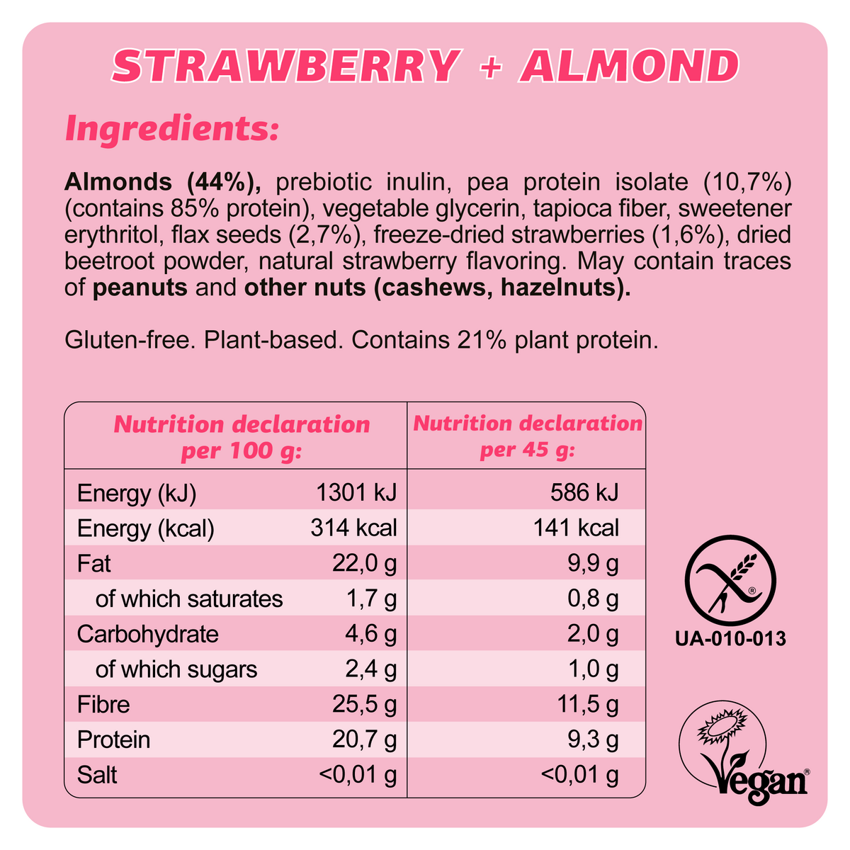 Keto Vegan Gluten Free Bar "Strawberry + Almond" 45G