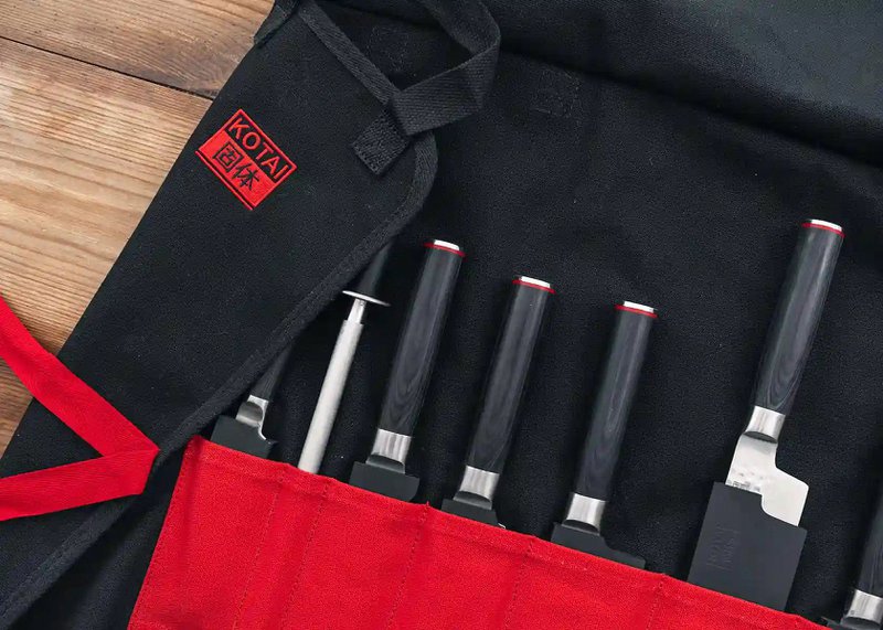 Kitchen Accessories - KOTAI knife roll-up bag - 100% cotton (7 slots for 6 knives and a honing steel)