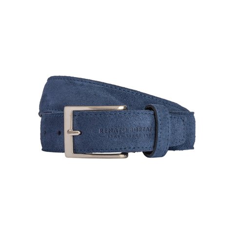 RB4029D | Herrengürtel, hergestellt in Italien aus echtem Wildleder. Schnalle in satiniertem Silberfinish. Farbe: Blau. Abmessungen: 125 x 3,5 x 0,5 cm (Taillenumfang 110 cm)