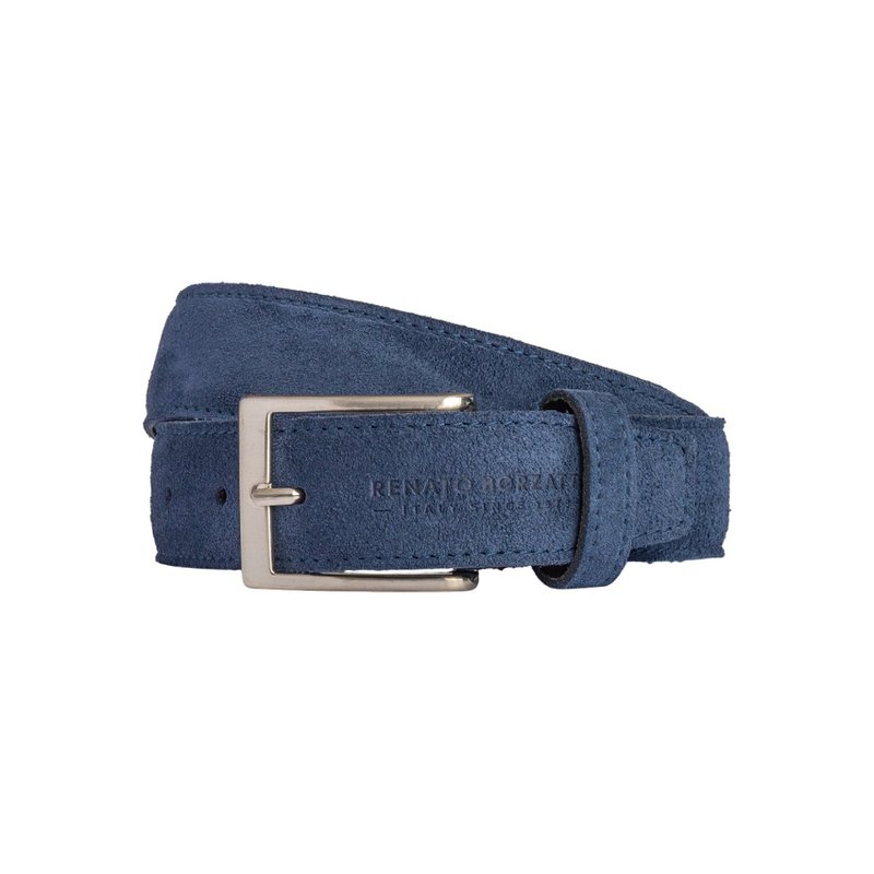 RB4029D | Men's Belt Made in Italy in Genuine Suede Leather. Buckle in satin silver finish. Color: Blue. Dimensions: 125 x 3.5 x 0.5 cm (waistline 110 cm)