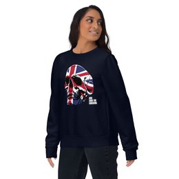  This unisex organic sweater features a UK flag skull design in navy, black, and pink color variants. The sweater is made of soft, comfortable organic cotton material and is available in a range of sizes from S to 2XL.