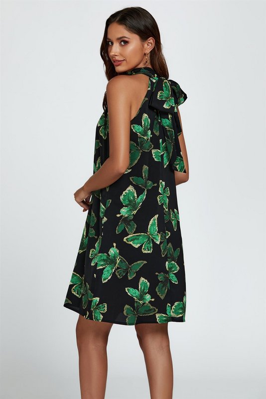 Butterfly Print Halter Neck Bind Mini Dress i grøn