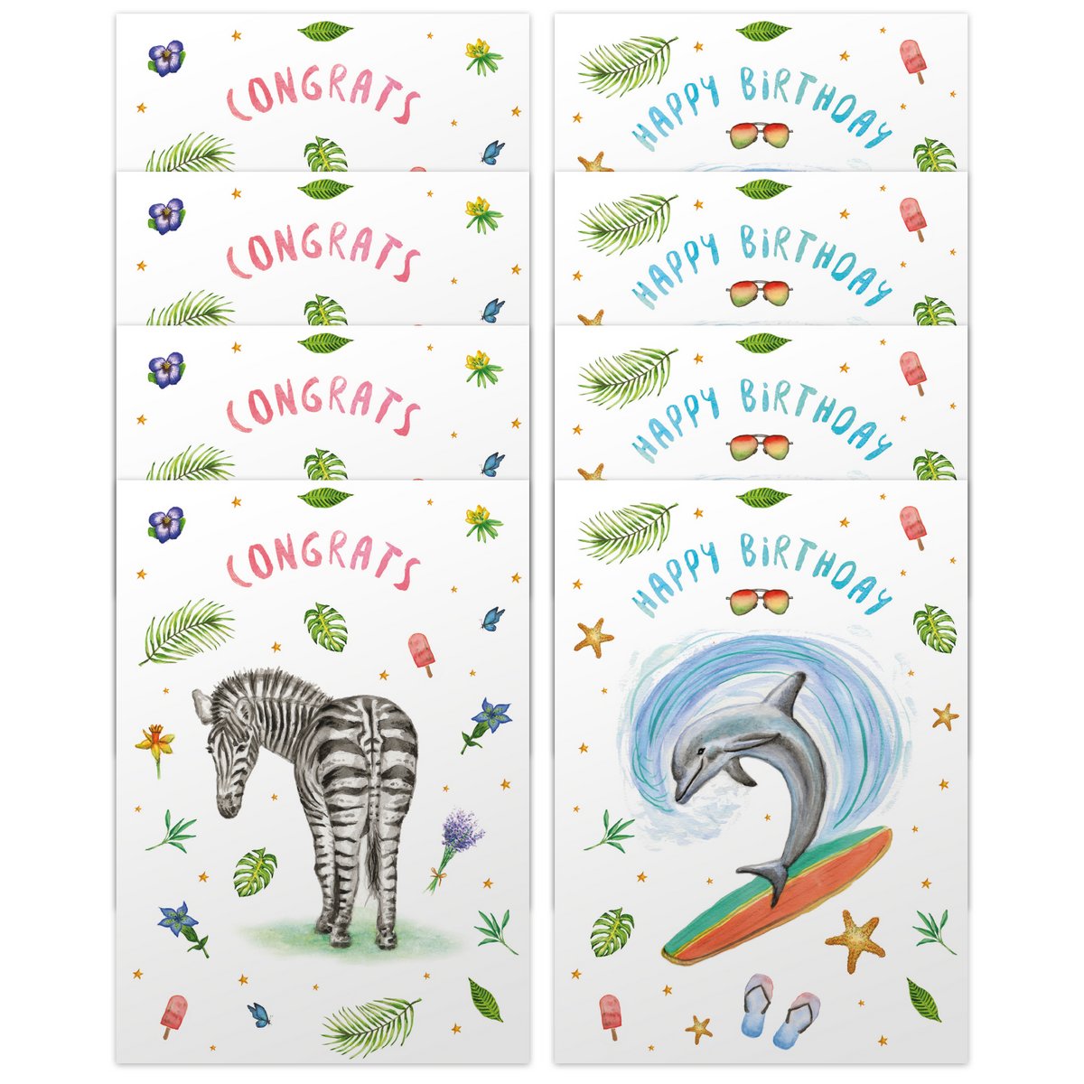 10 wenskaarten congrats + happy birthday met envelop - handgeschilderd - ansichtkaart - zebra - dolfijn - verjaardag - A6 formaat - aquarel