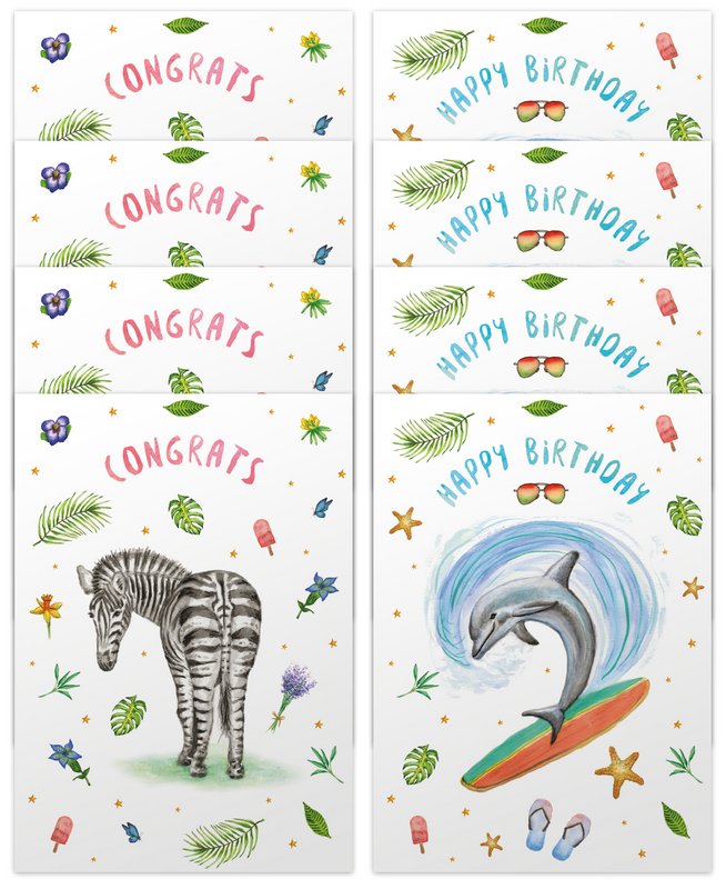 10 greeting cards congrats happy birthday with envelope - handpainted - postcard - zebra - dolphin - birthday - A6 size - watercolor