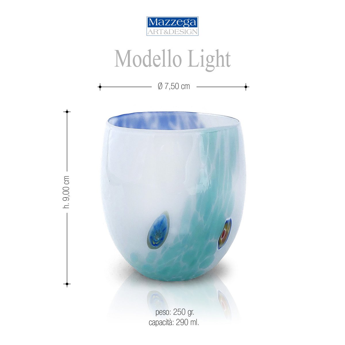 6 Bicchieri Acqua Light in Vetro Soffiati e Lavorati a Mano con Murrine di Murano, linea “I Colori di Murano” 320 ml. Made in Italy