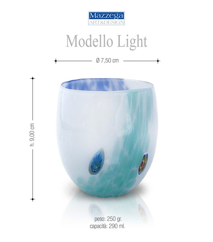 6 Glass Light Water Glass Water and Hand -Handed With Murrine Di Murano, "I Colori di Murano" line 320 ml. Made in Italy