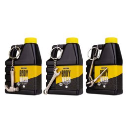 Black and yellow shower gel bottles with carabiner clip attachment, men's body care toolkit set.