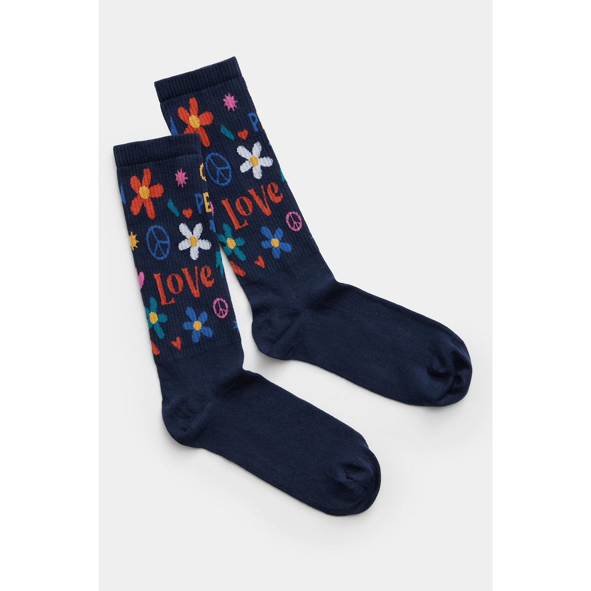 Organic socks hippie - blue tennis socks with Love & Peace pattern
