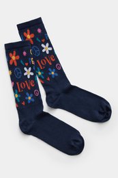 Biologische sokken hippie - blauwe tennissokken met Love & Peace patroon