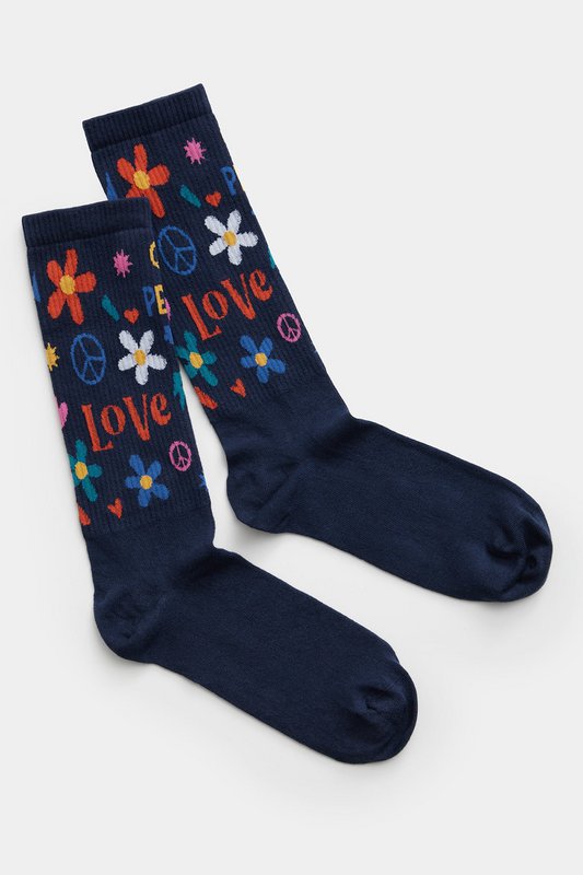 Biologische sokken hippie - blauwe tennissokken met Love & Peace patroon