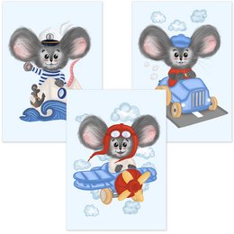 Set of 3 whimsical mouse character posters for kids' room decor, featuring a mouse in different outfits and poses against a blue background with clouds.