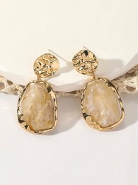  Gold gilt dangler earrings, beige stone, elegant drop design, geometric shape, luxury accessory