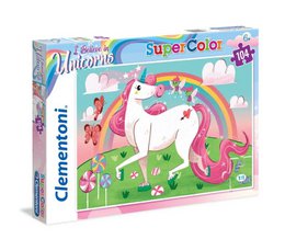 Colorful unicorn puzzle with rainbow, magical fantasy theme, children's educational toy.