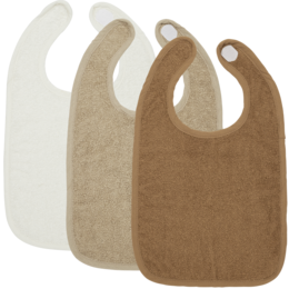 Set of 3 terry cloth bibs in off-white, sand, and toffee colors. Soft, absorbent material for catching drool and spills during feeding.