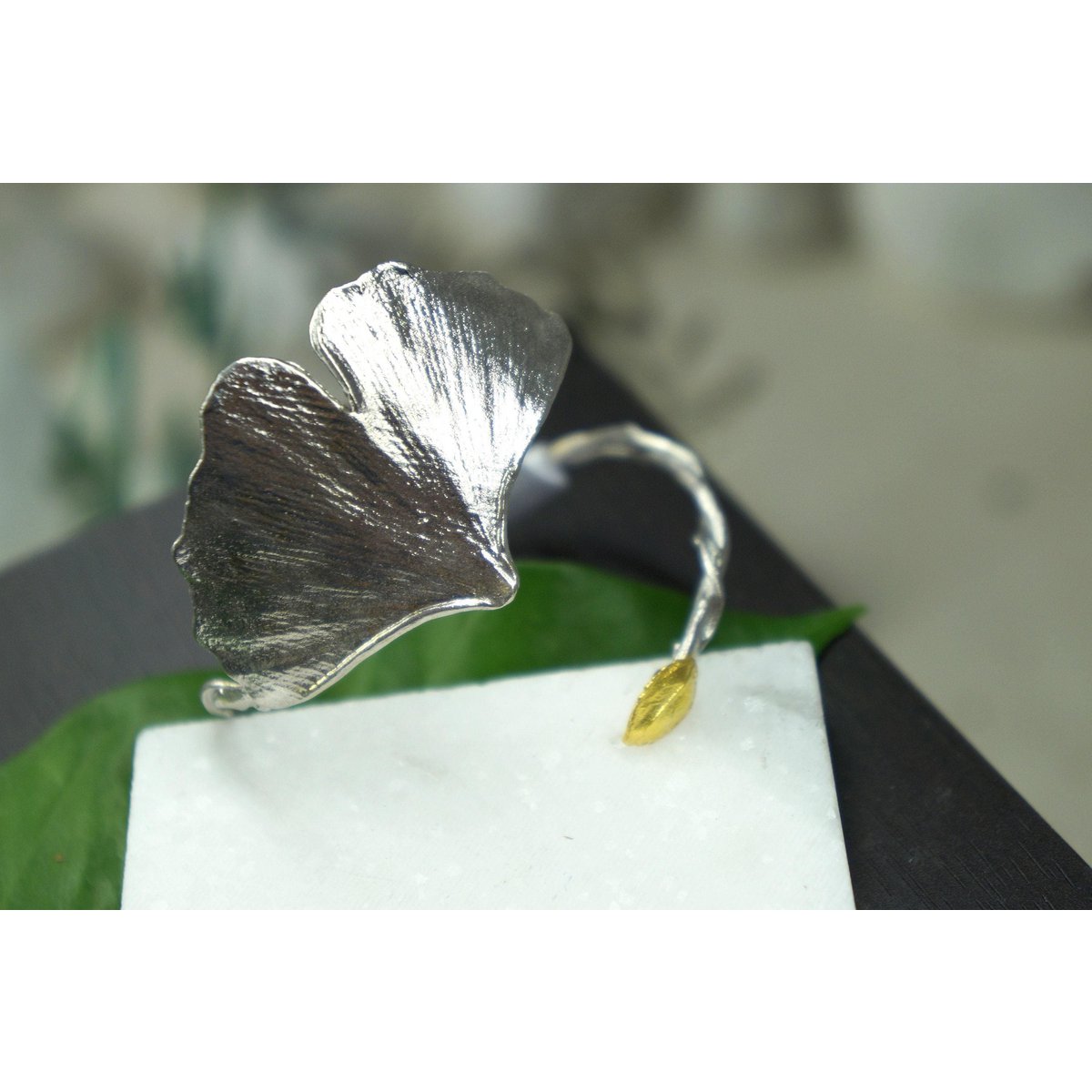 Nature-Inspired Silver Cuff Bracelet, Ginkgo Leaf with Rose Accent (Adjustable)
