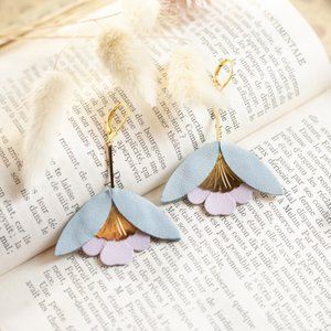 Ginkgo Flower Earrings - pale pink sky blue leather