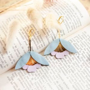 Ginkgo Flower Earrings - pale pink sky blue leather