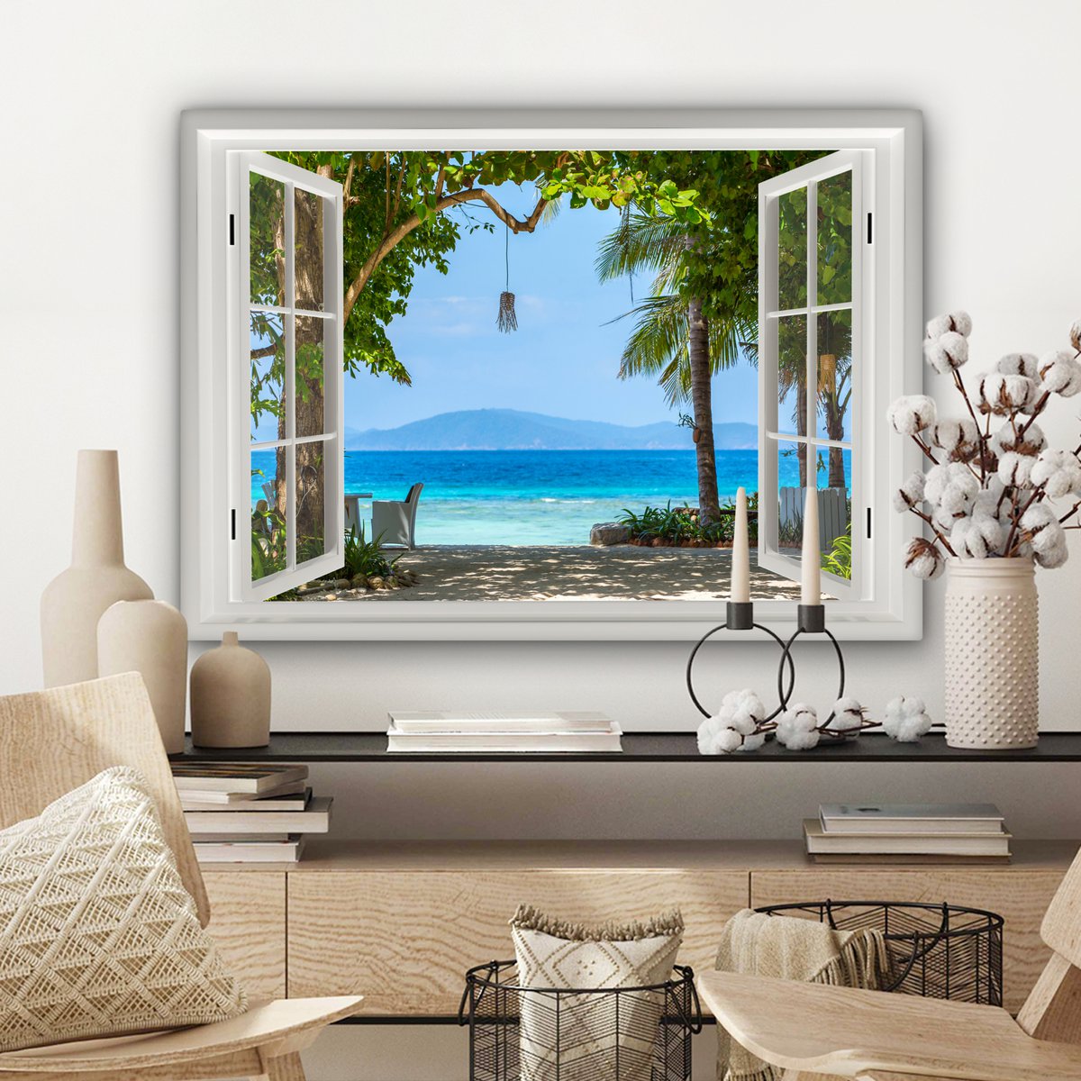 Pintura de lienzo - Decoración de pared - Vista - Boom - Sea - Palmada - Colinas - Playa - Azul