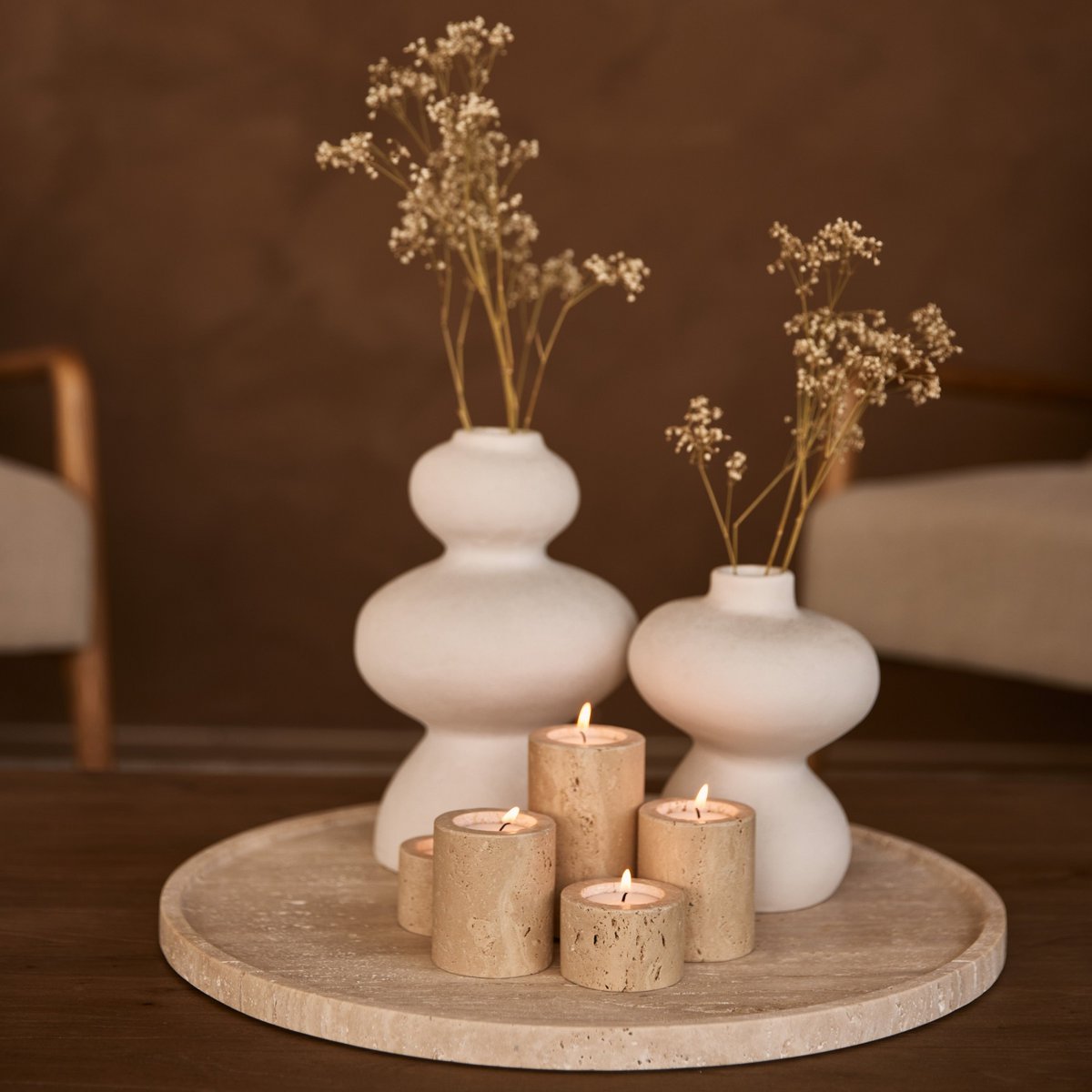 Plateau en travertin rond avec bord 45cm