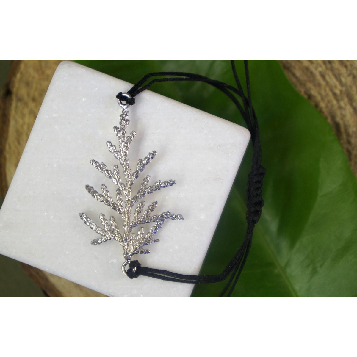 Botanical Macrame Bracelet: Cypress Leaf Design - Sterling Silver