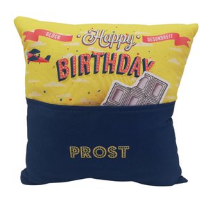PU-kussen 25 x 25 cm met tas, Happy Birthday