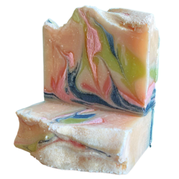 Colorful, swirling, handmade soap bars with a natural, artisanal appearance.