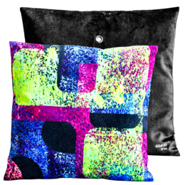 Vibrant, abstract cushion with bold colors and patterns. Features a mix of green, blue, pink, and black shapes and textures.