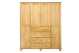  Wooden wardrobe with 4 doors and 4 drawers, made of natural pine wood, suitable for bedroom storage.