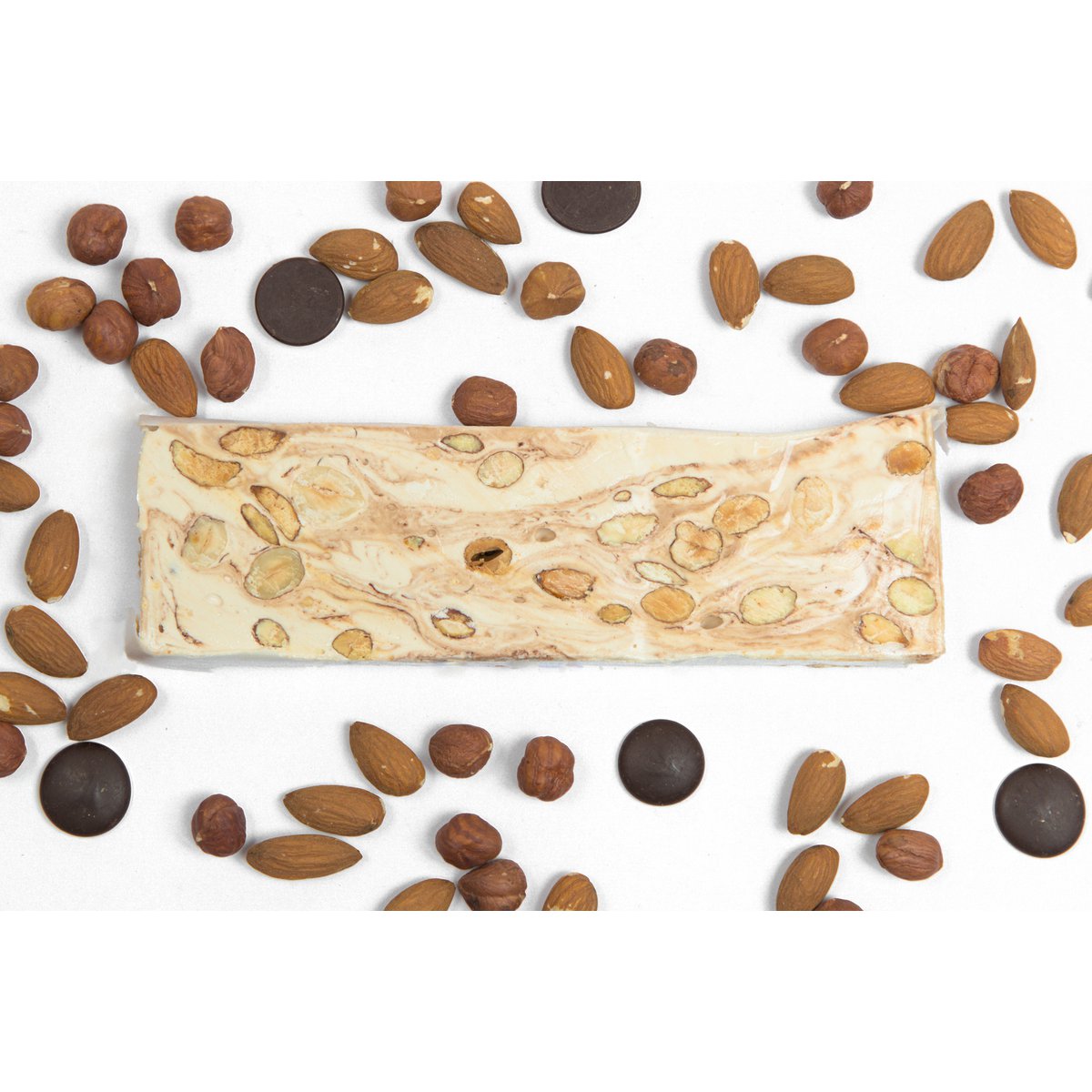 Nougat mit Honig, Mandeln, Schokolade und Haselnüssen (100g Riegel)
